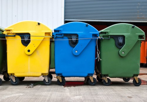 A row of three large waste collection bins positioned on a paved surface outdoors, each with a distinct colour: yellow on the left, blue in the middle, and green on the right. The bins are made of durable plastic with textured surfaces and have rounded lids, with visible wheels at the base for mobility. The yellow bin has a black handle and a small closure clip, while the blue and green bins feature similar handles, with the green bin slightly leaning back. In the background, there are metal panels, one white and one grey, possibly part of a commercial or industrial building structure, suggesting an outdoor area associated with rubbish or waste management services, such as those provided by Office Clearance Barkingside. The environment appears clean and well-maintained, suitable for the collection and disposal of various waste types typical of rubbish removal services across Barkingside and surrounding areas.